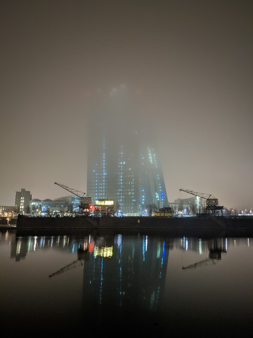 European Central Bank on a foggy day, Frankfurt am Main, Germany.