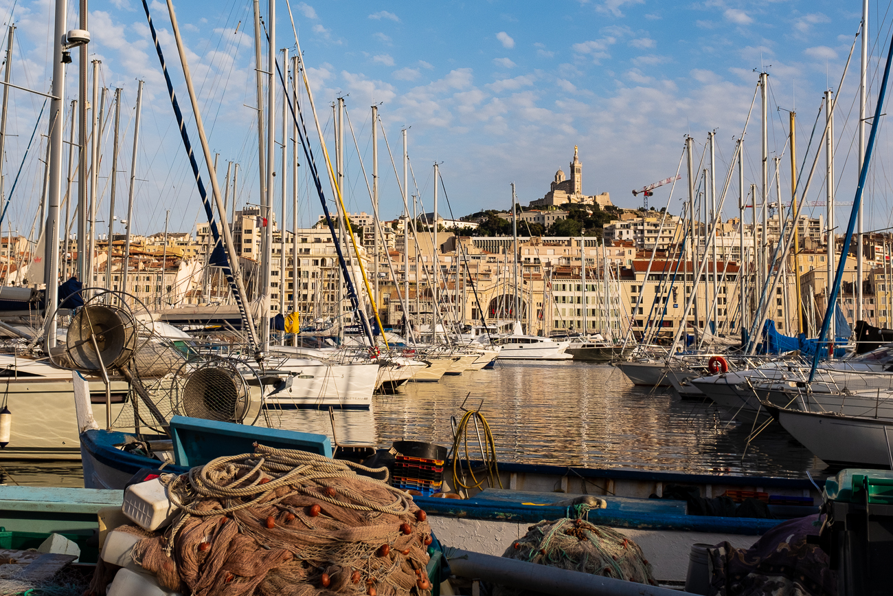 View towards the Notre-Dame de la Garde. Port of Marseille, France.