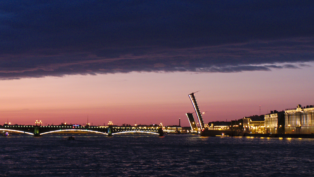 Open bridges during the white nights in St. Petersburg, Russia.